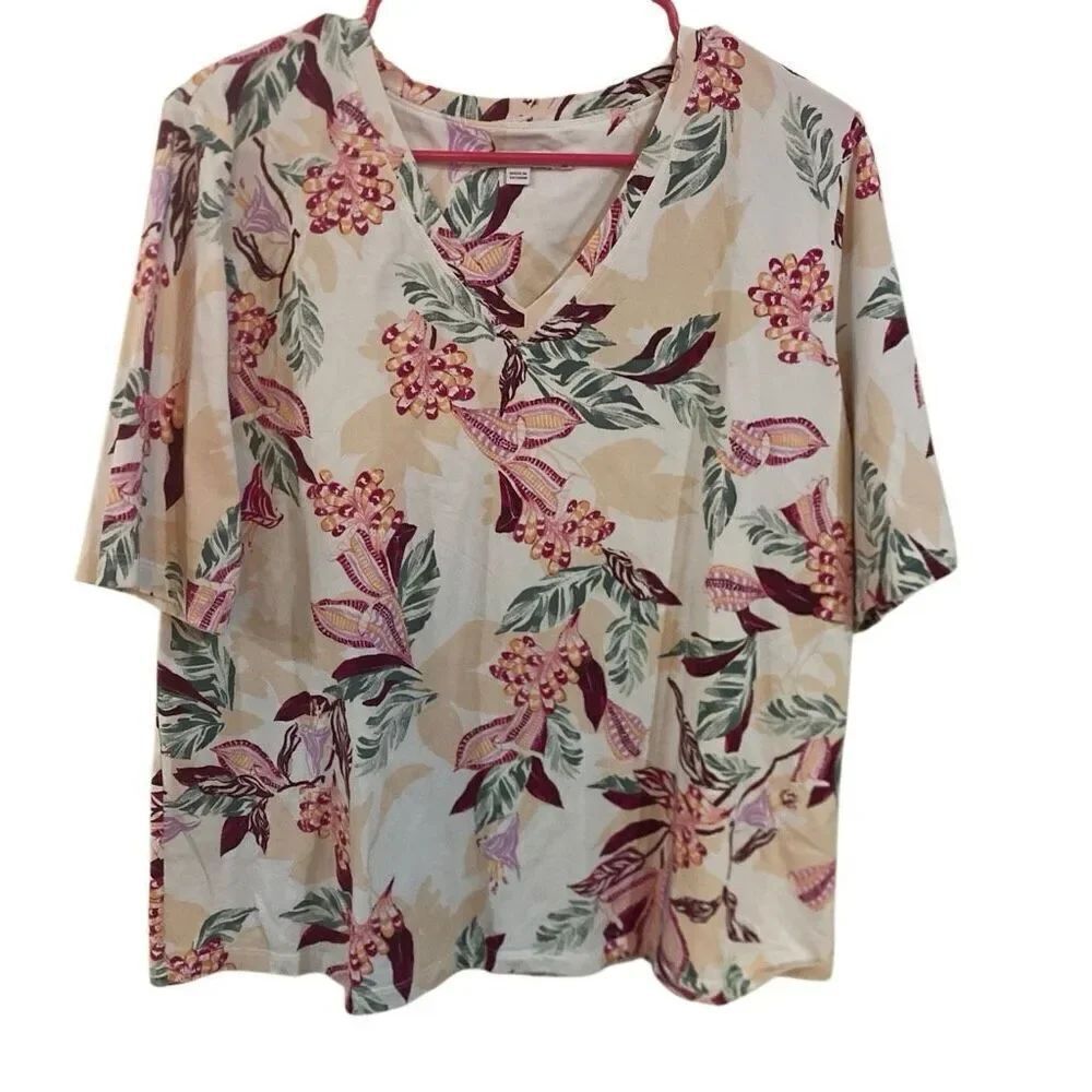 Chicos XL short sleeve floral maroon cream vneck